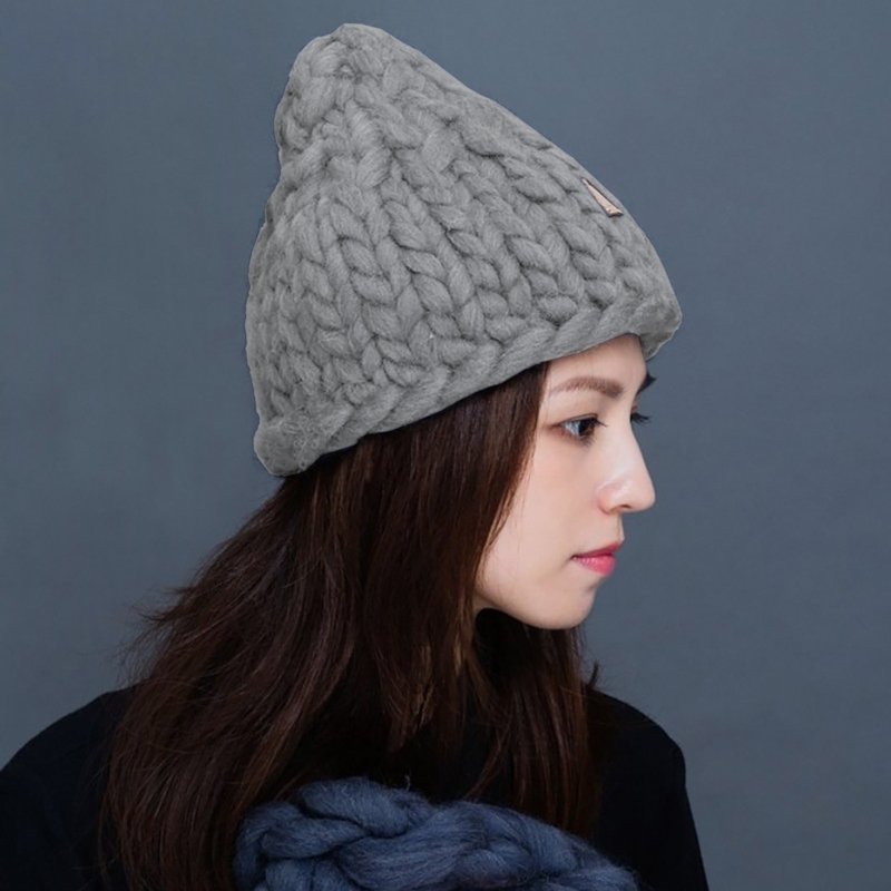 【盲藤手作-山】粗線100%純羊毛編織帽/芝麻 - 帽子 - 羊毛 灰色