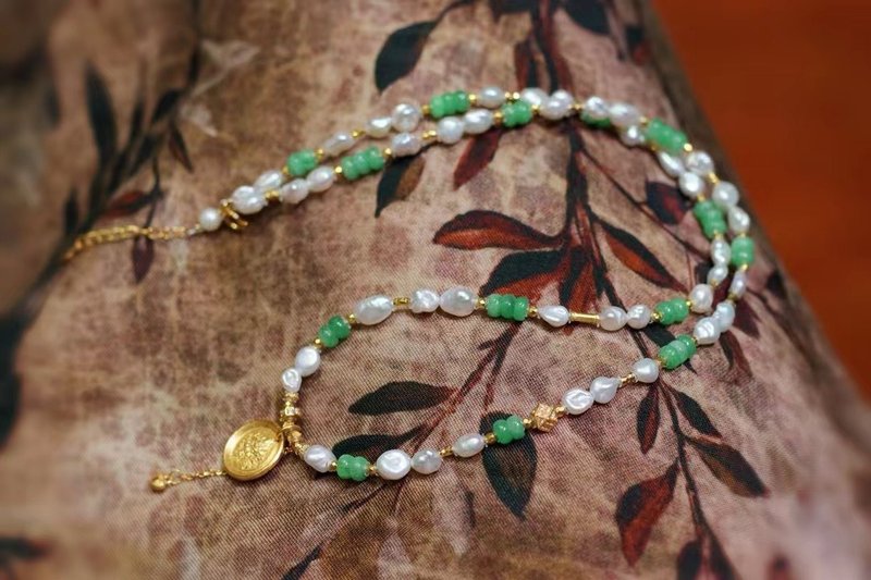 天然A貨翡翠項鏈巴洛克珍珠項鏈毛衣鏈搭配黃財神吊墜招財闢邪 - 項鍊 - 珍珠