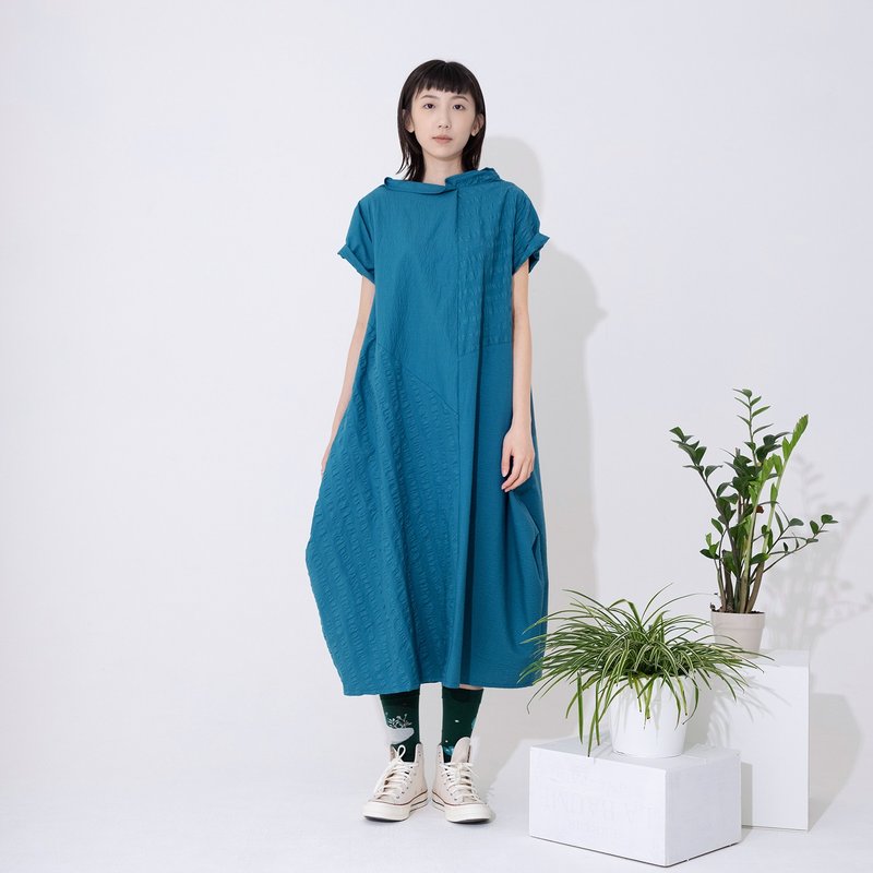 無理數雙織紋拼接洋裝 | 熱銷補貨 - 洋裝/連身裙 - 棉.麻 藍色