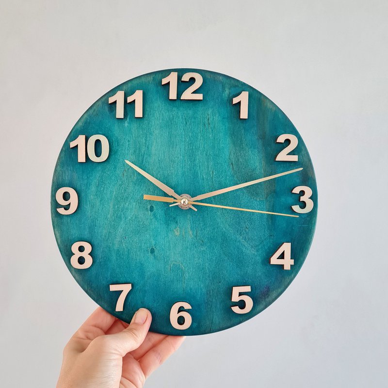 Wooden art teal wall clock Minimalist clock Custom clock Silent clock