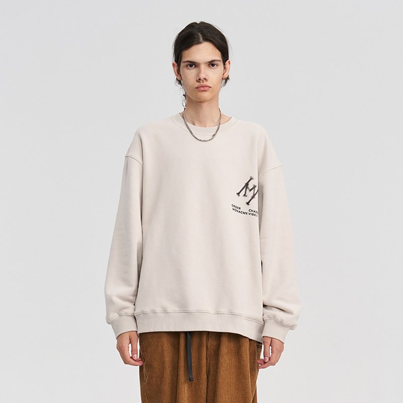 MOKACME 2022AW 秋冬MH LOGO半調網點印花輕抓絨衛衣男女情侶 - 帽T/大學T - 棉.麻 白色