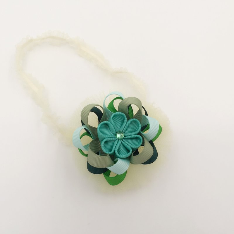Mint green ribbon and wind yarn flower ball. Snow yarn hair band dual models