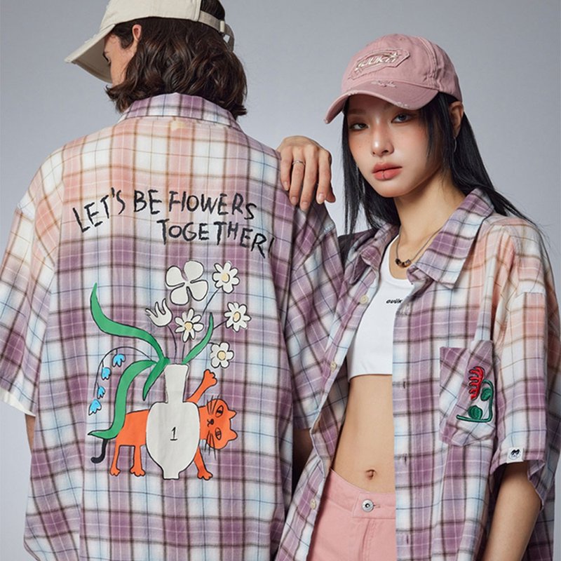 夏威夷度假格子短袖襯衫  情侶夏季暈染漸變紅格休閑襯衣 - 男襯衫/休閒襯衫 - 棉.麻 紅色