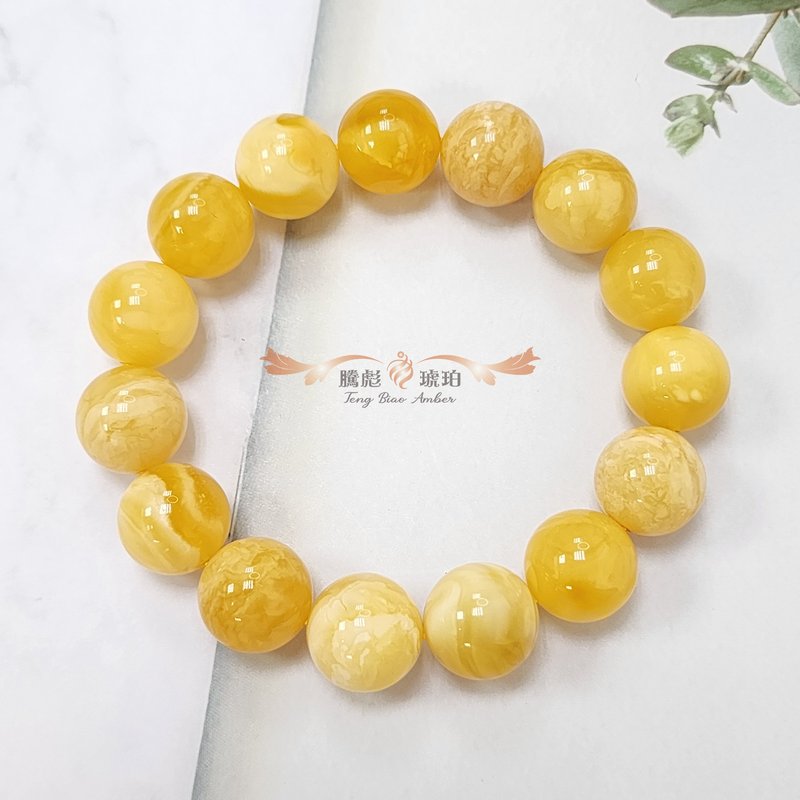 騰彪琥珀 天然琥珀蜜蠟 白花意境蜜蠟 藏品單圈 斑彩靈動 手鍊 - 手鍊/手環 - 半寶石 白色