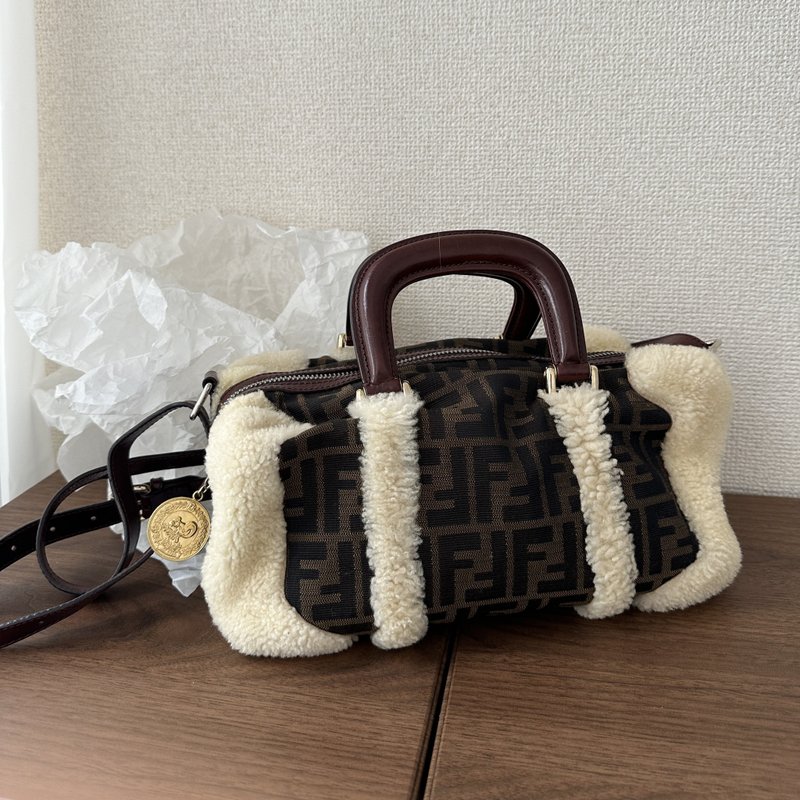 FENDI 芬迪 羊羔毛 FF Monogram 手提包 - 側背包/斜背包 - 棉.麻 咖啡色