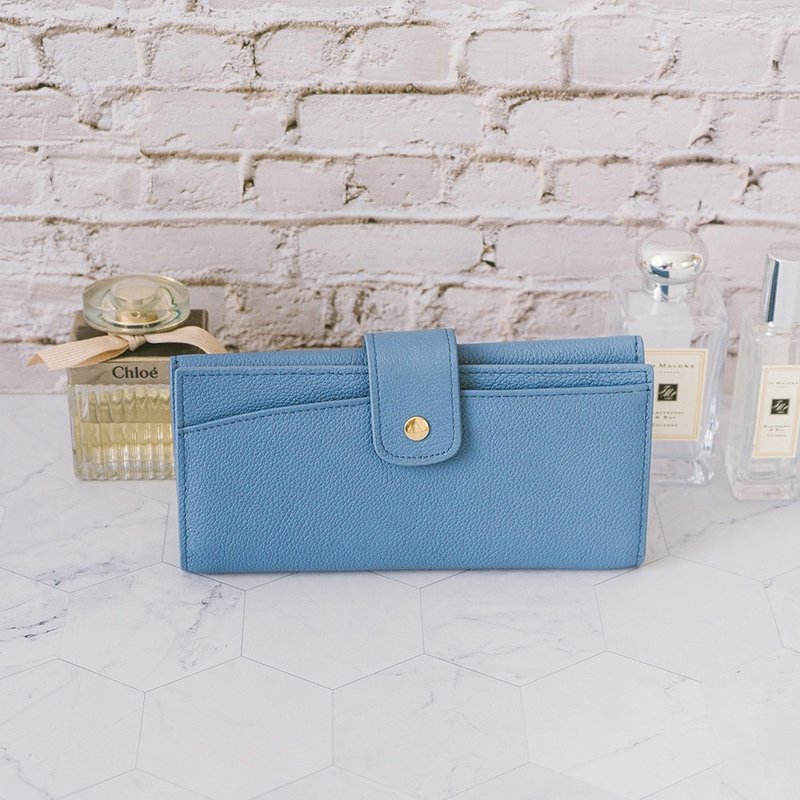 【禮盒】真皮掀扣式長夾 X0149 霧藍 - 錢包/皮夾/長短夾 - 真皮 藍色