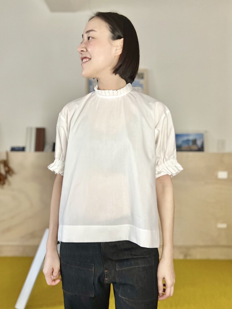 百折小立領澎袖上衣 - 女上衣/長袖上衣 - 棉.麻 白色