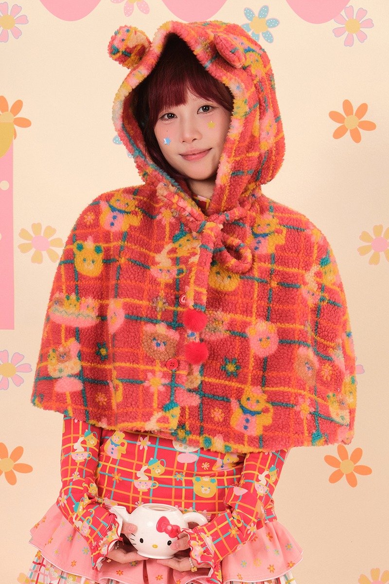 昭和甜品屋羊羔絨小熊耳朵連帽披風斗篷外套 可愛 - 女大衣/外套 - 棉.麻 多色