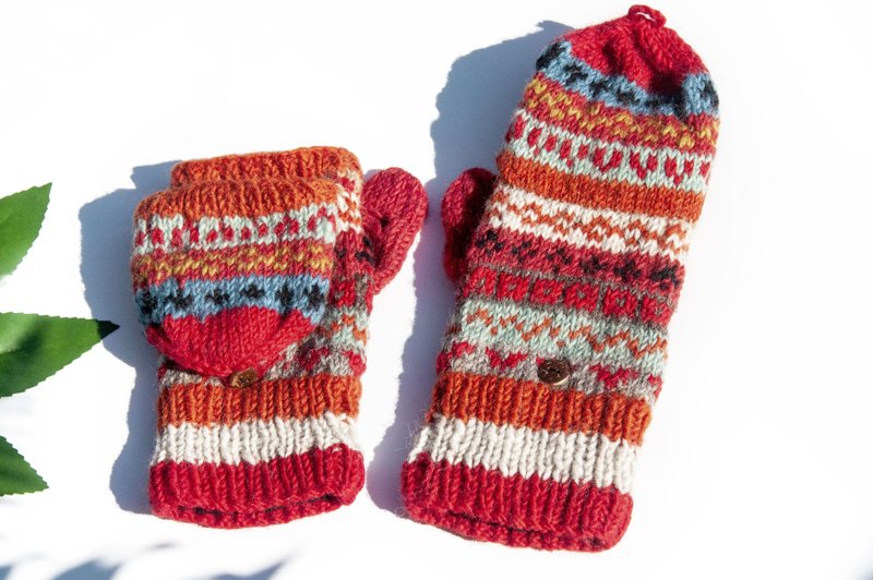 手織純羊毛針織手套/可拆卸保暖手套/內刷毛手套/觸控手套-夕陽 - 手套 - 羊毛 多色