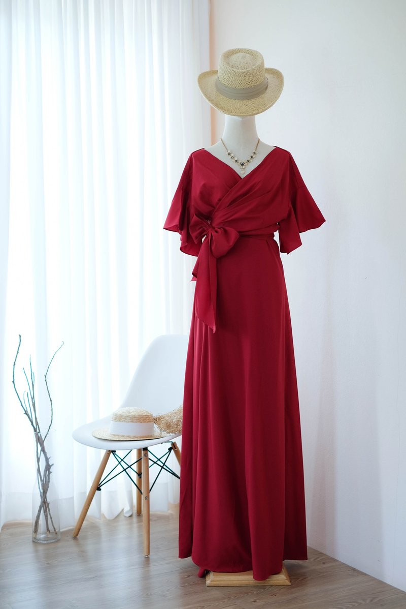 Blood red bridesmaid wrap dress maxi prom party cocktail dress - 禮服/小禮服 - 聚酯纖維 紅色