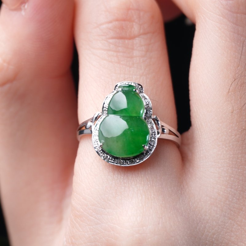 【福祿】冰種陽綠葫蘆戒指18K金鑽石 | 天然緬甸A貨翡翠 | 送禮 - 戒指 - 玉石 綠色