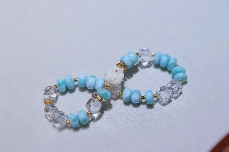 天然拉利瑪海紋石手鏈搭配猛獁狐狸鳳九白水晶鑽切全淨體水晶手鏈 - 手鍊/手環 - 水晶