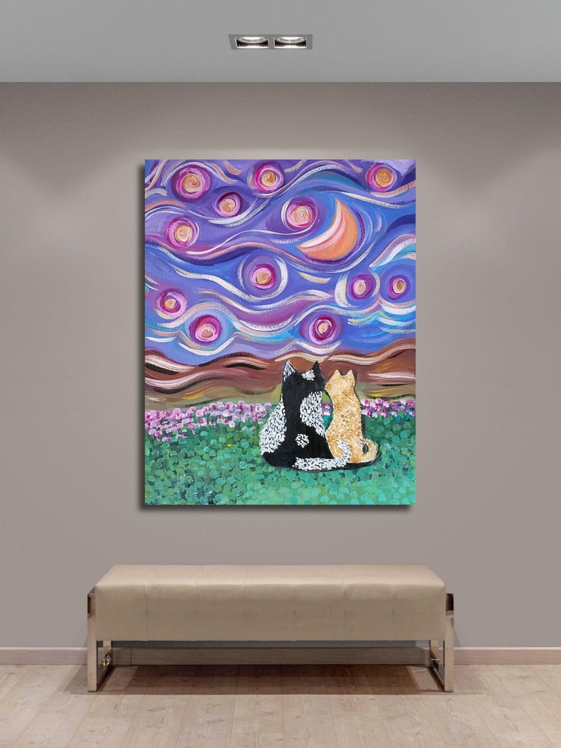 貓畫貓牆藝術天空繪畫動物繪畫夜空牆壁裝飾 - 海報/掛畫/掛布 - 壓克力 多色