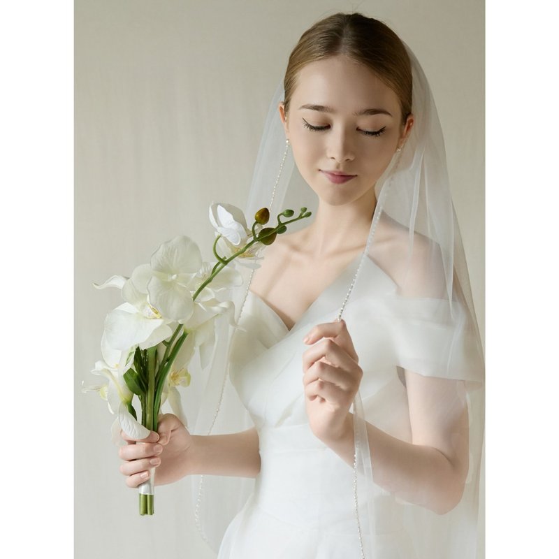 珍珠點綴婚紗頭紗 - 絲巾 - 聚酯纖維 白色