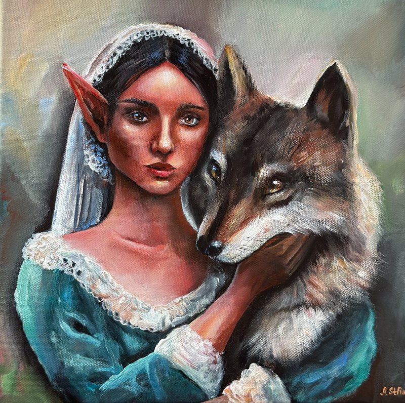 Girl and wolf, Wolf wall decor, Elf woman painting, Forest fairy art, Animal art - 壁貼/牆壁裝飾 - 棉.麻 多色
