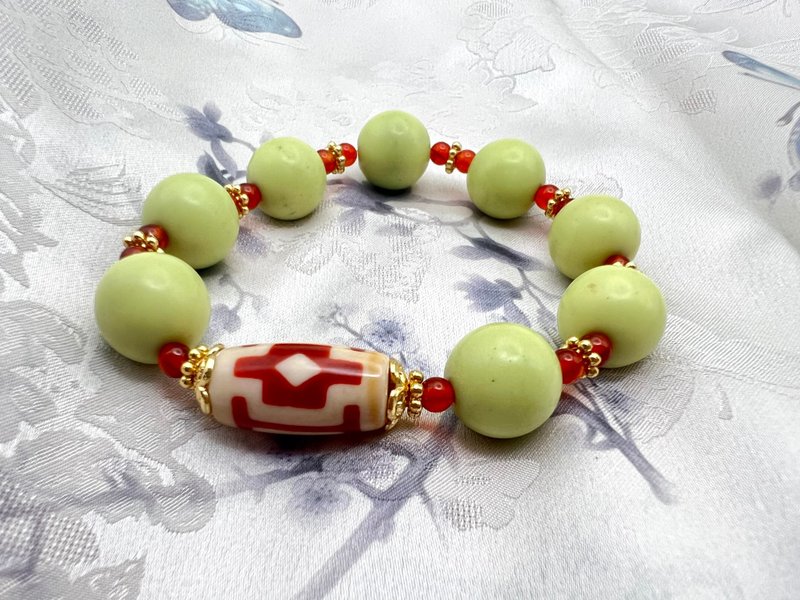 積福-天珠十字佛二眼老夜光石石榴石手串/收藏/送禮/平安 - 手鍊/手環 - 半寶石 綠色
