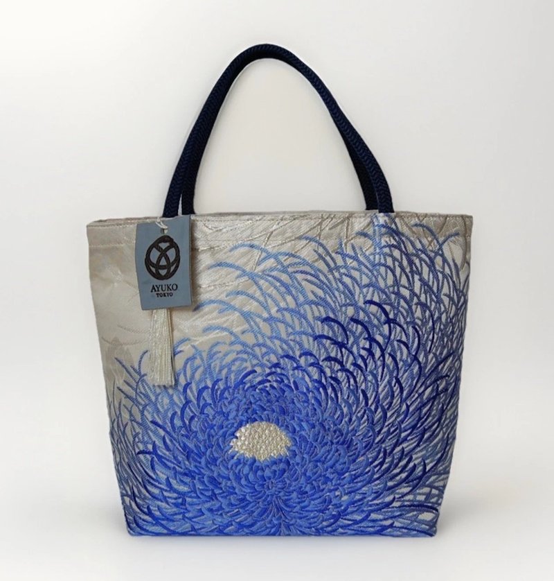 獨一無二真絲和服袋帶托特包, 日本手工刺繡升級改造包, 和風藝術 - 手提包/手提袋 - 絲.絹 藍色
