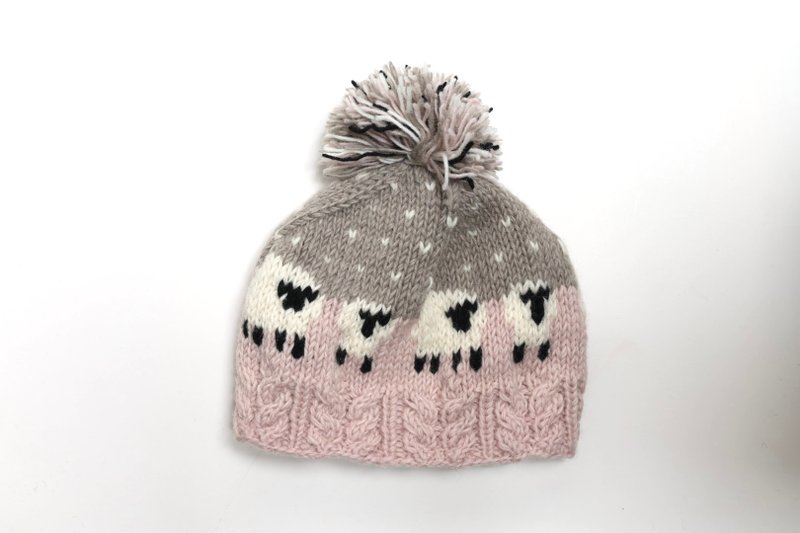 /精品/粉灰麻花綿羊小羊毛球細軟美麗諾羊毛帽/純羊毛線手工編織 - 帽子 - 羊毛 粉紅色