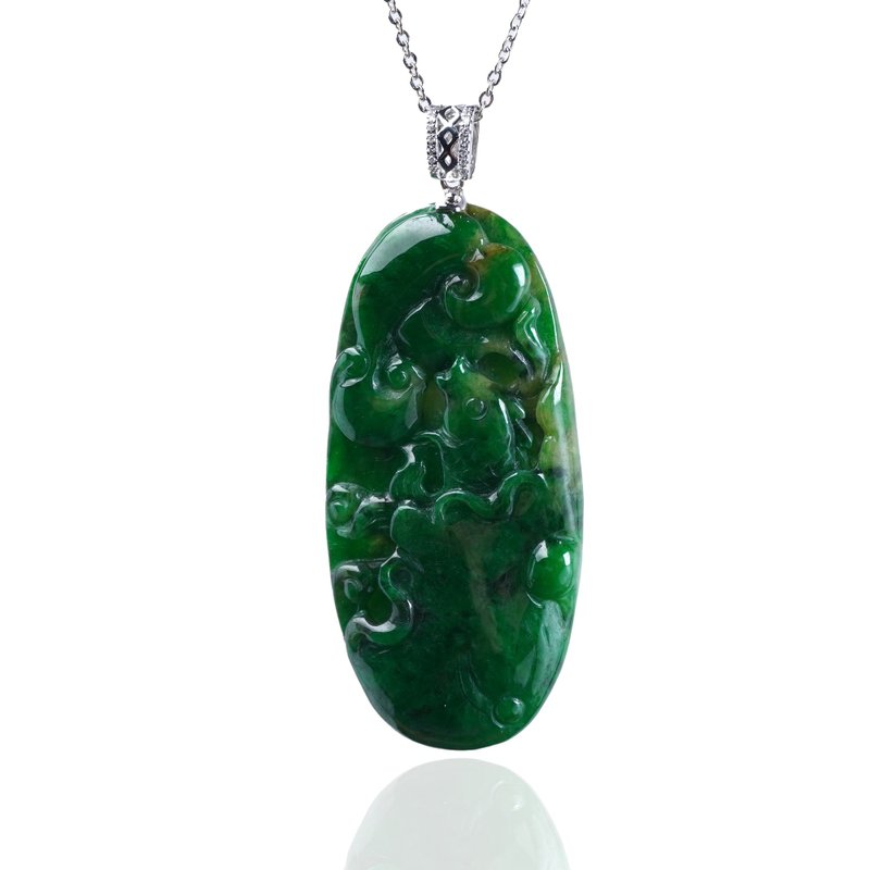 老坑綠翡翠荷包有魚項鍊 18K金鑽石 | 天然緬甸玉翡翠A貨 | 送禮 - 項鍊 - 玉石 綠色