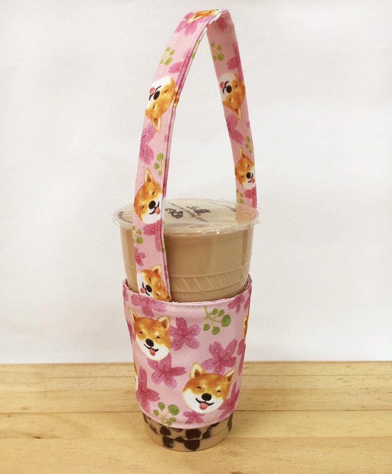 飲料杯提袋-粉紅微笑柴犬 - 飲料提袋/杯套 - 其他材質
