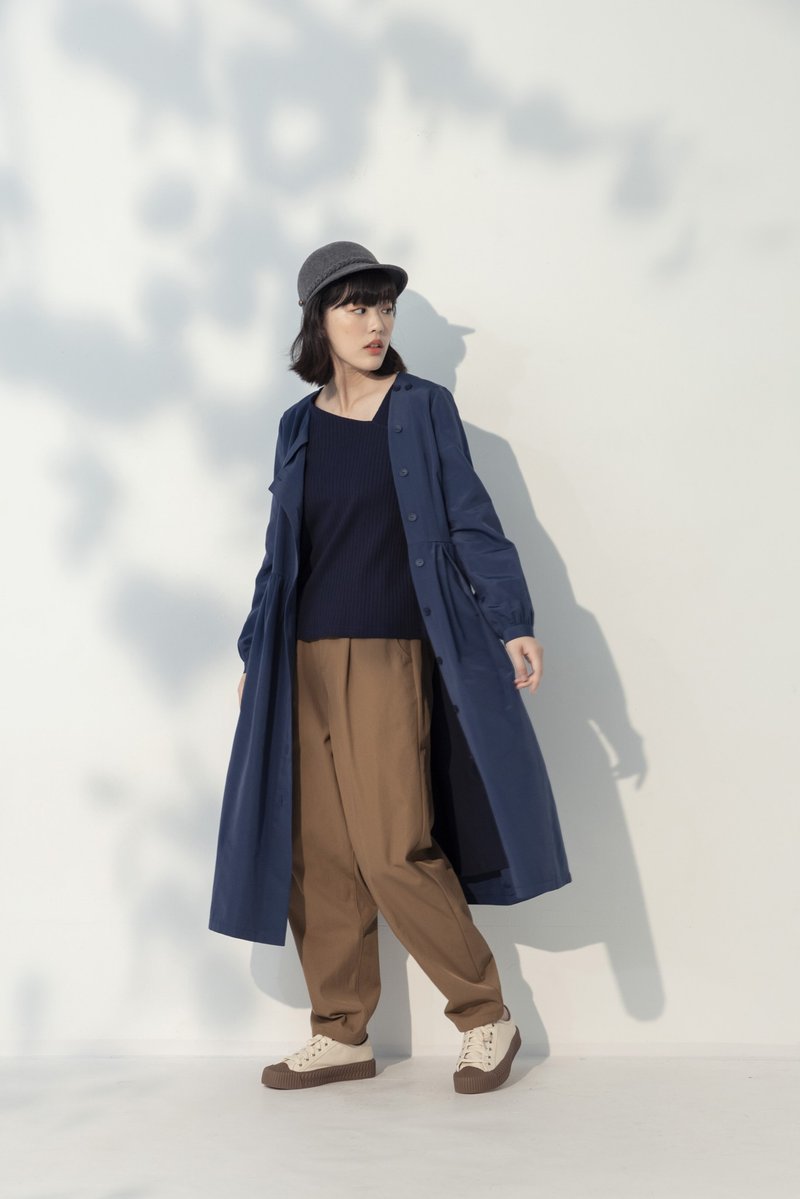 記憶手札側開襟長袖洋裝大衣-秘密小本(藍) - 洋裝/連身裙 - 棉.麻 藍色