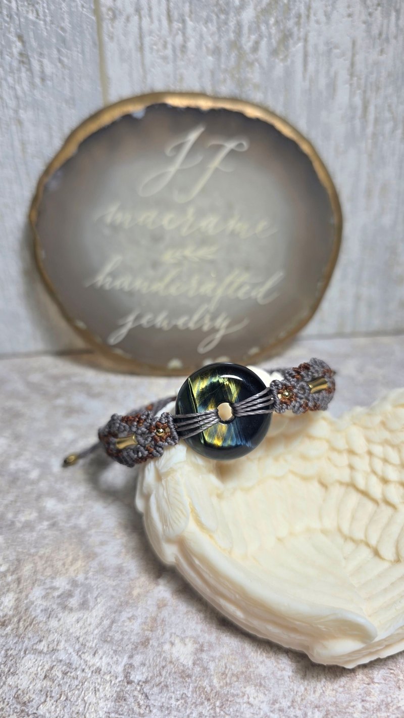 TE03虎眼石平安扣。南美蠟線編織手繩 - 手鍊/手環 - 其他材質 咖啡色