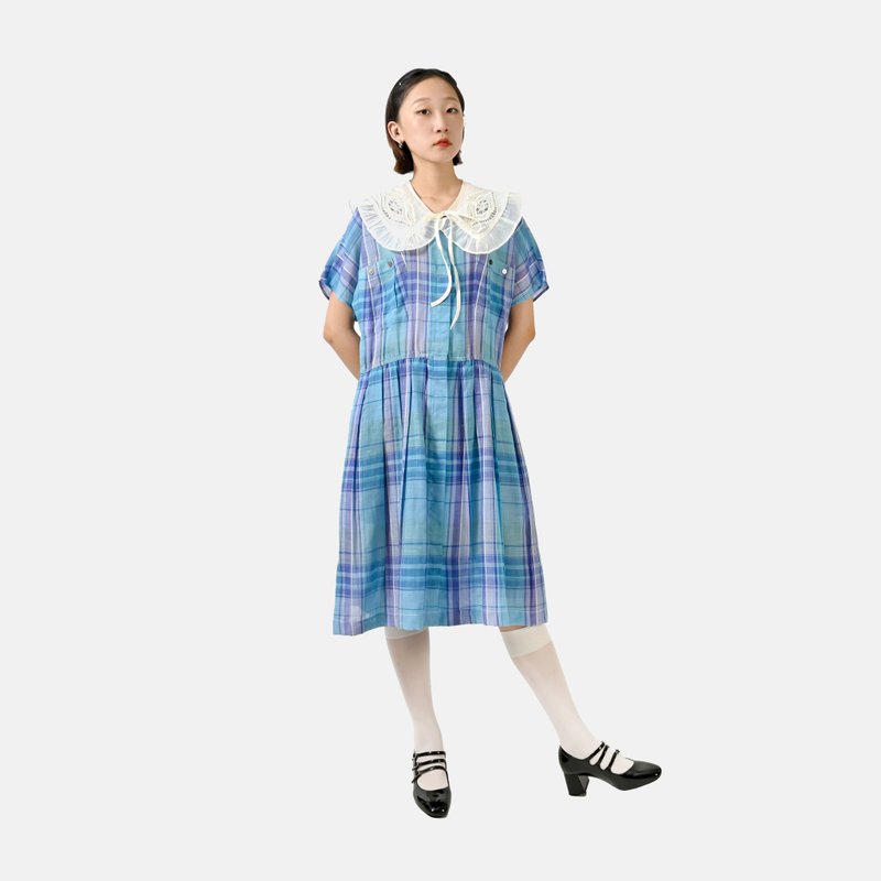 【蛋植物古著】水氣微風格紋短袖古著洋裝 - 洋裝/連身裙 - 其他人造纖維 藍色