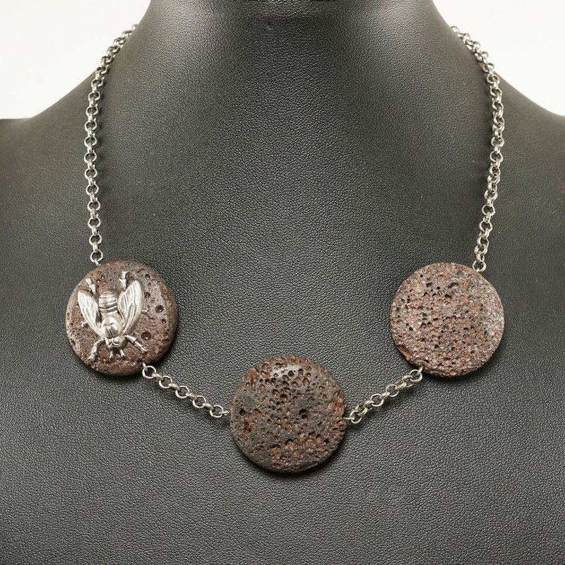 Silver Fly Brown Lava Stone Chocolate Brown Cookies Boho Choker Necklace Jewelry - 項鍊 - 其他材質 咖啡色