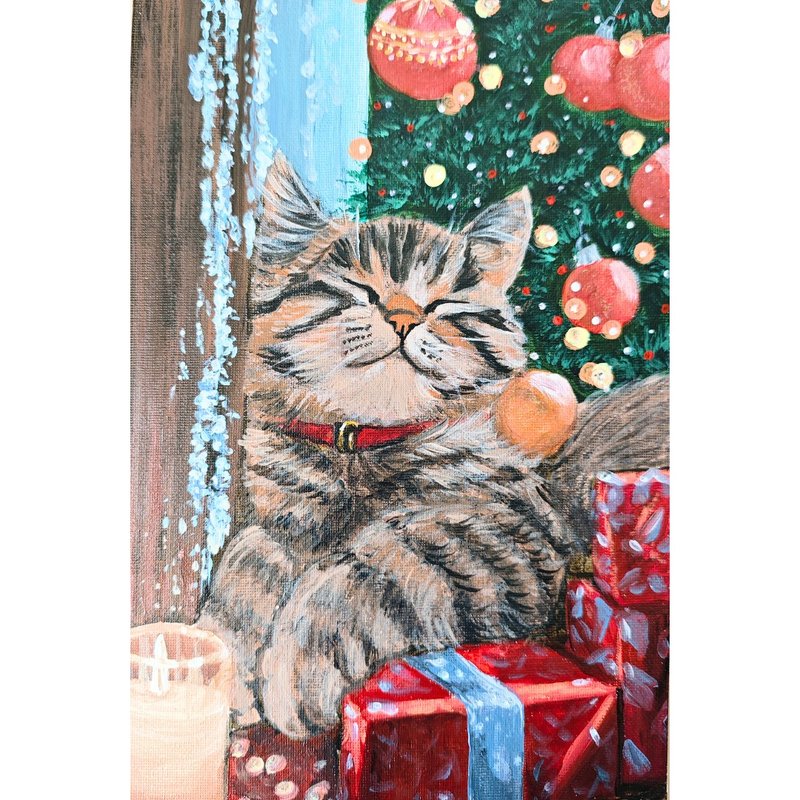 聖誕樹下的貓咪和禮物 RinaArtSK原創手工藝術作品 - 壁貼/牆壁裝飾 - 其他材質 多色
