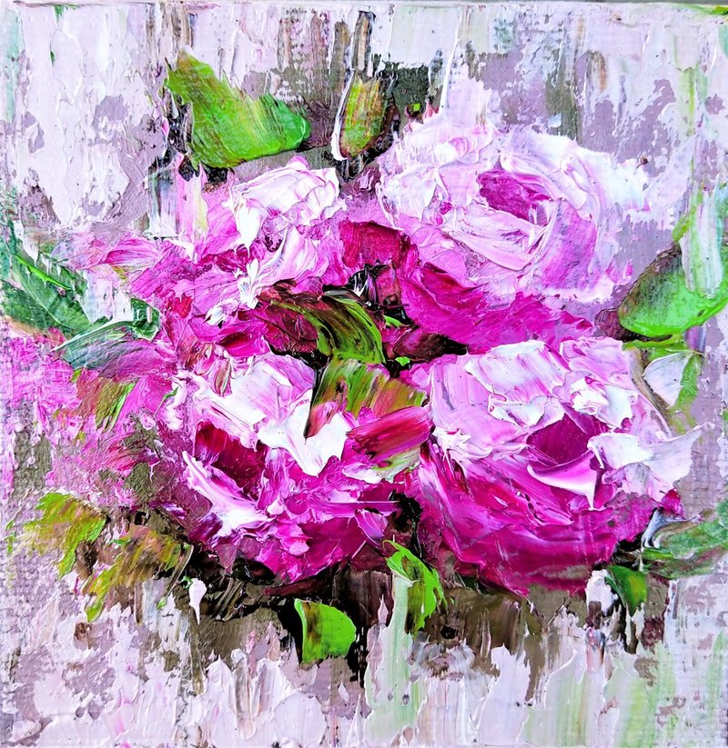 Peonies Painting Floral Original Artwork Oil Painting 15x15 cm/ 6 by 6 inch - 海報/掛畫/掛布 - 棉.麻 多色