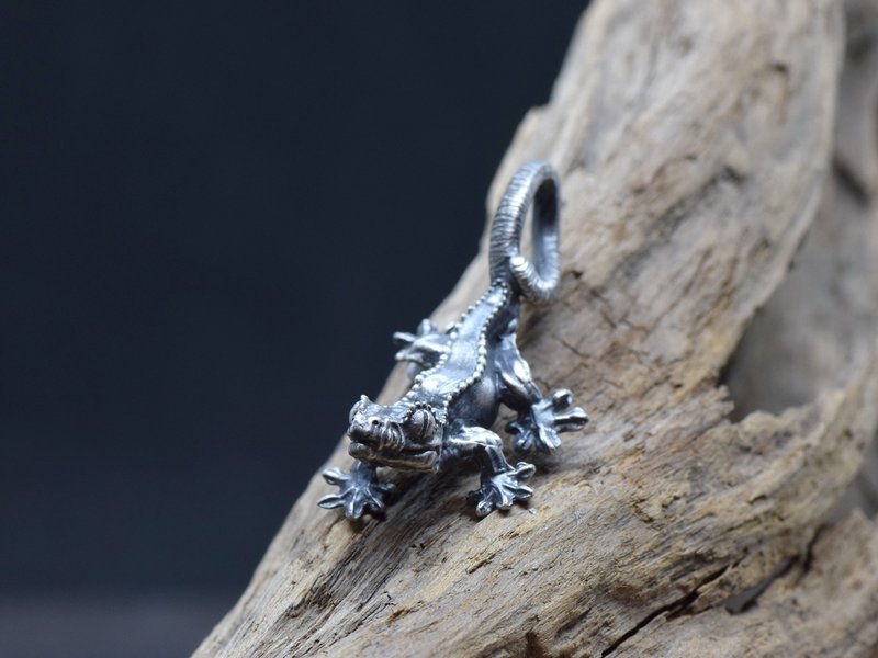 クレステッドゲッコー(オウカンミカドヤモリ)のシルバーペンダント 革ひもネックレス付き - 項鍊 - 其他金屬 銀色