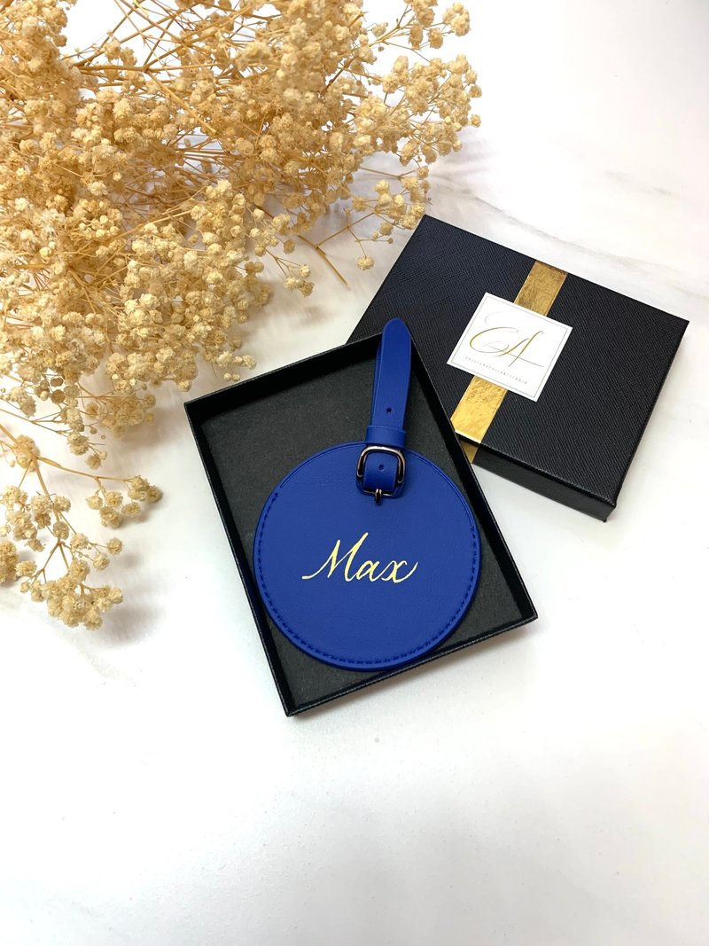 【客制禮物】圓形 行李牌 藍色 燙金名字 客製化 結婚 生日 禮物 - 行李吊牌 - 真皮 黑色