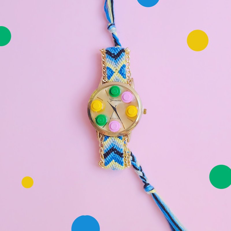 Cool summer blue yellow green pink gold bracelet hand LEGO watch