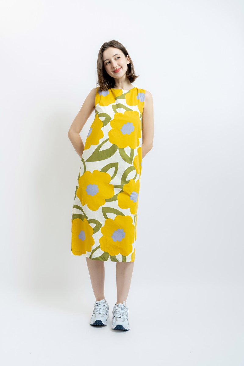 BIRUCHU YELLOW HANA DRESS - Sleeveless Dress, Floral Print, Cotton Fabric, 黃色花連身裙 - 洋裝/連身裙 - 棉.麻 黃色