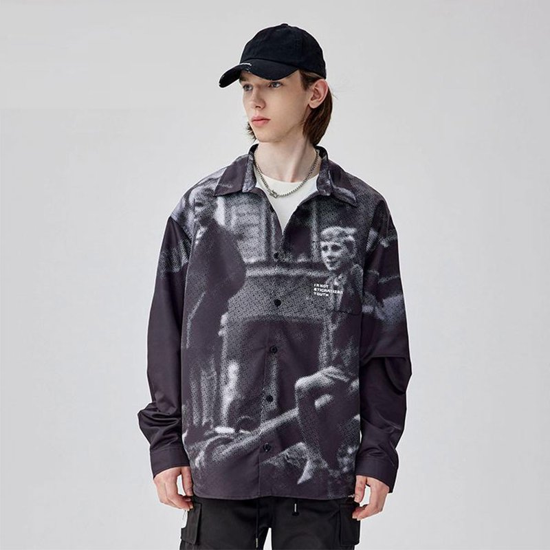 男士黑色長袖襯衫  印花上衣 - 男襯衫/休閒襯衫 - 聚酯纖維 灰色