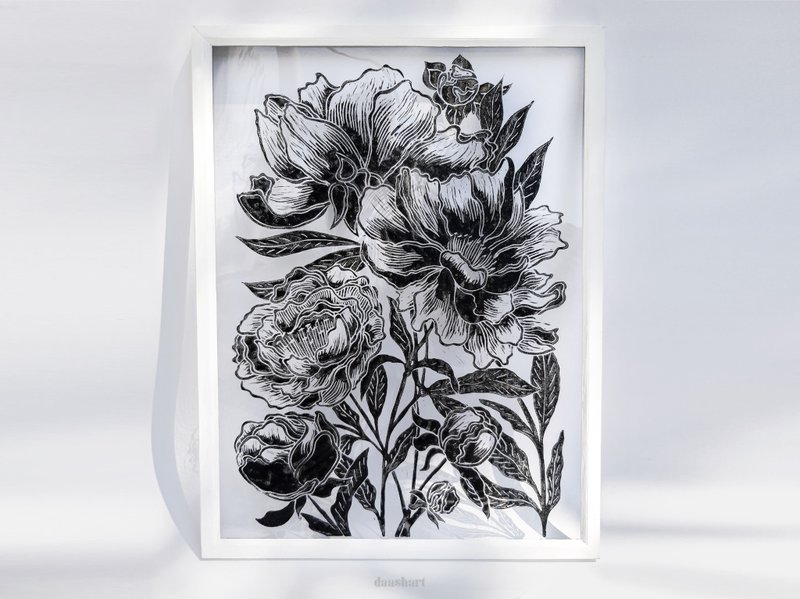 黑牡丹花牆藝術有機玻璃 linocut 印刷植物插圖 - 海報/掛畫/掛布 - 塑膠 黑色
