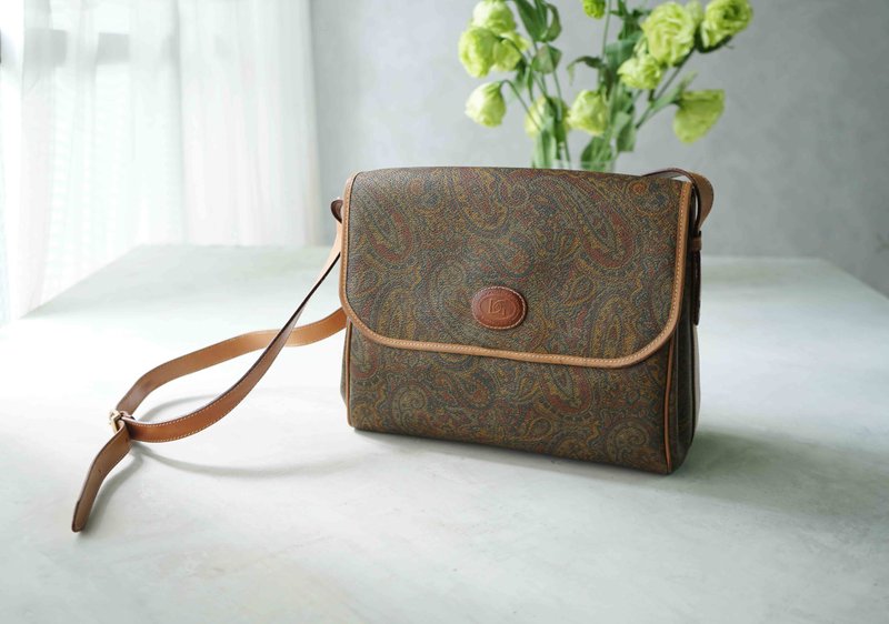 尋寶復古古董包-義大利製佩斯利老花大皮革側背書包 - 側背包/斜背包 - 真皮 咖啡色