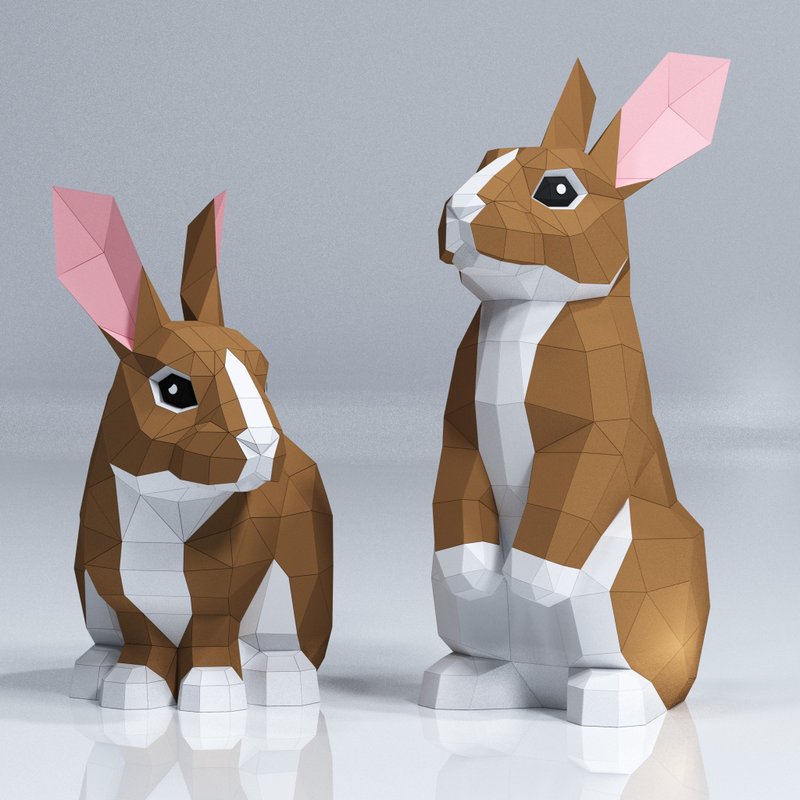 Two Rabbits Papercraft, Hare, Pdf, Gurko, Pepakura, Template, 3D Origami - 手工藝教學/工具書 - 其他材質