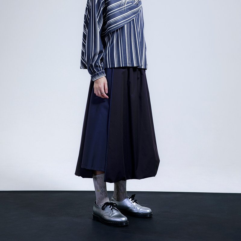 右疊片跳色泡泡擺長裙 - 裙子/長裙 - 棉.麻 灰色