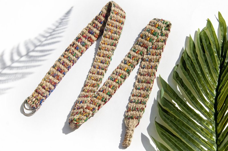 手工編織棉麻腰帶 手工梭織皮帶-綠色彩虹星辰條紋 手捻紗麗絲線 - 皮帶/腰帶 - 棉.麻 多色