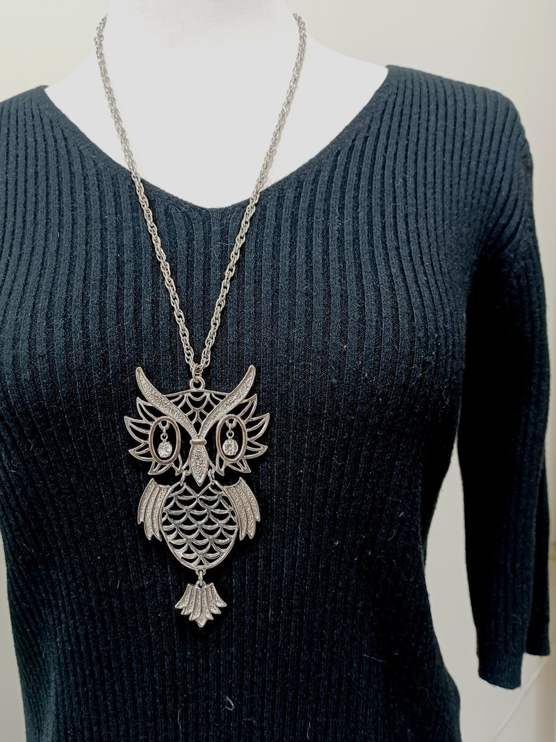vintage jewelry 銀色鏤空大型貓頭鷹項鍊 - 項鍊 - 其他金屬