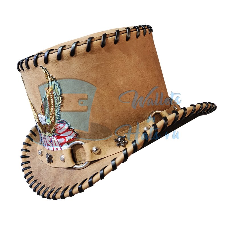 Western Steampunk Hat with Skull Rivets - 帽子 - 真皮 咖啡色