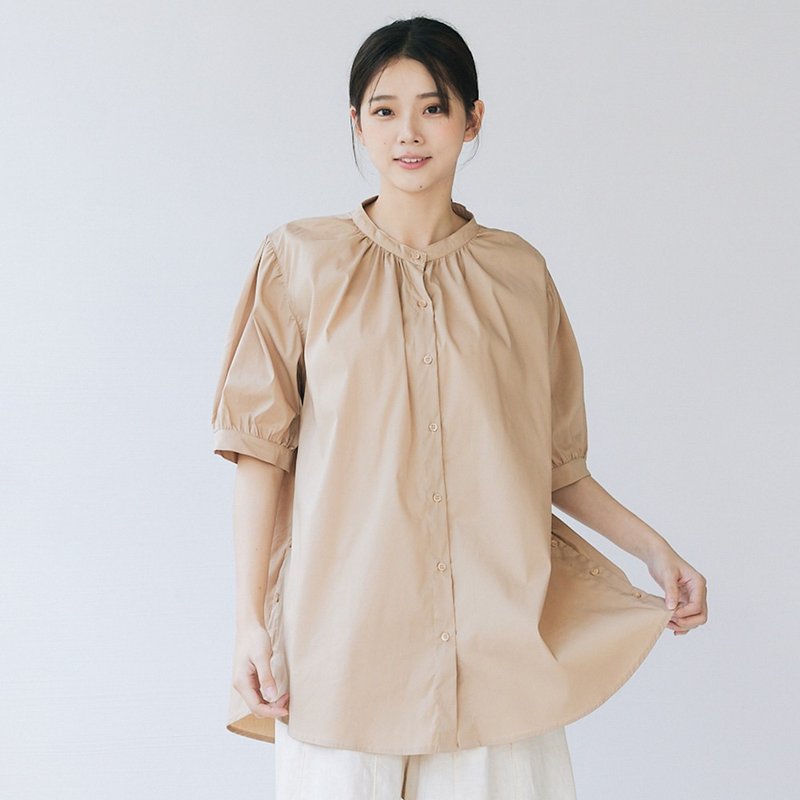 【Simply Yours】抓皺微澎袖襯衫 咖啡F - 女上衣/長袖上衣 - 棉.麻 咖啡色