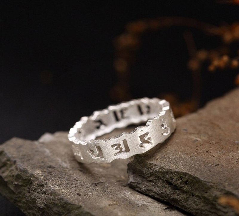 S 925 Sterling Silver Jewelry Handmade Brushed Hollow Buddhism Mantra Ring - 戒指 - 銀 銀色