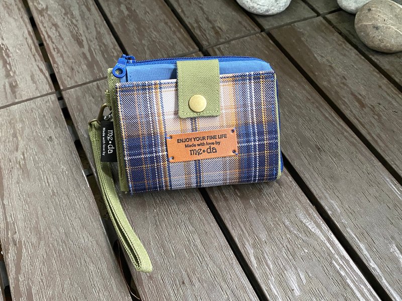 6 Coin 短夾 靜藍格語 - 錢包/皮夾/長短夾 - 棉.麻 藍色