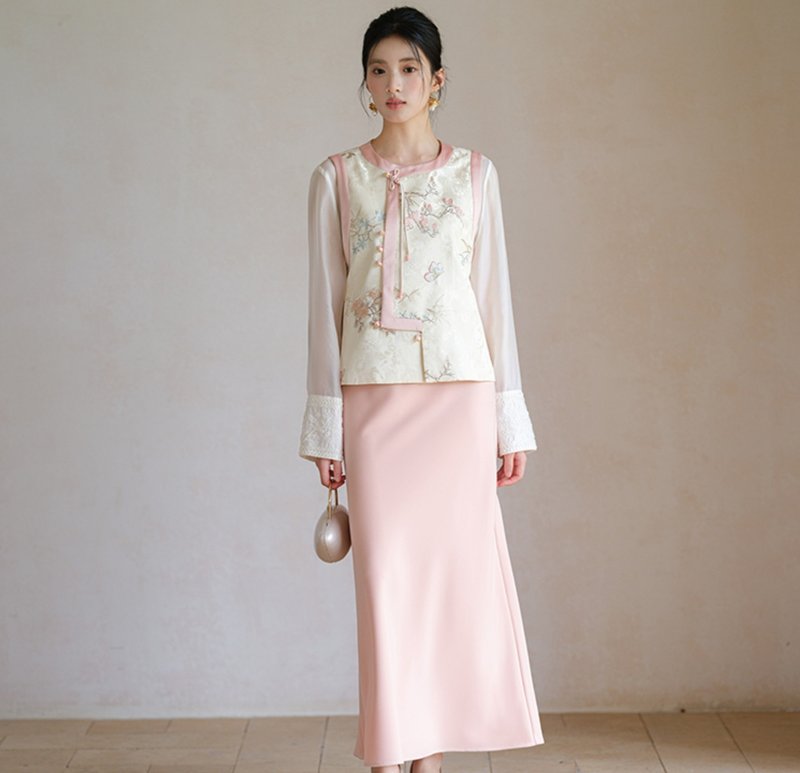 【提花刺繡】新中式復古中國風 疊穿背心/半裙 - 背心/無袖上衣 - 其他材質 粉紅色