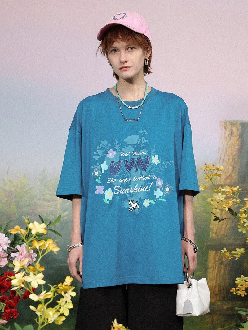UNVESNO夢樂園 重工繡花小羊短袖T恤純棉寬松半袖情侶 SWS-1555 - 男 T 恤 - 棉.麻 藍色