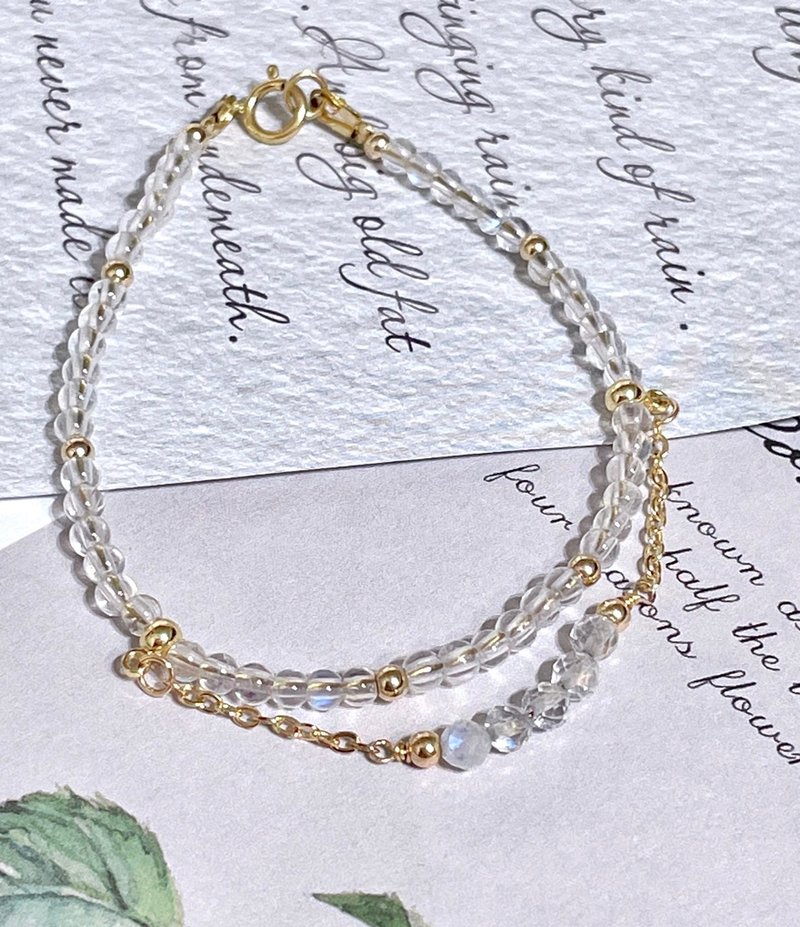 高品玻璃體月光石/切面/愛情/姻緣/水晶14K保金細手鍊雙層設計 - 手鍊/手環 - 其他金屬 白色