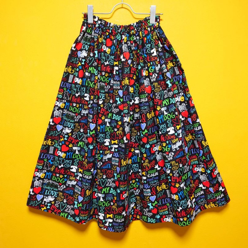 【受注制作】I LOVE MY DOG skirt BLACK / Free size / 日本製 / USA fabric / 犬 DOG - 裙子/長裙 - 棉.麻 黑色