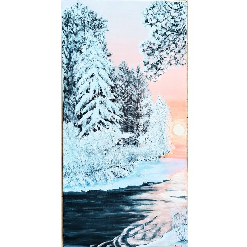 冬季風景粉紅日落雪林畫布繪畫作者 RinaArtSK - 壁貼/牆壁裝飾 - 其他材質 多色